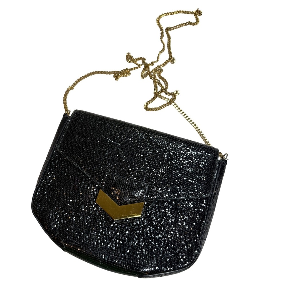 DeMellier London Black Shimmer Snake Embossed Leather Chain Crossbody Bag Gold